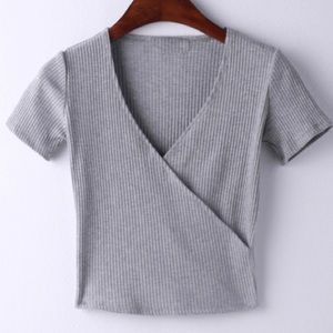 Grey ribbed v neck crop top